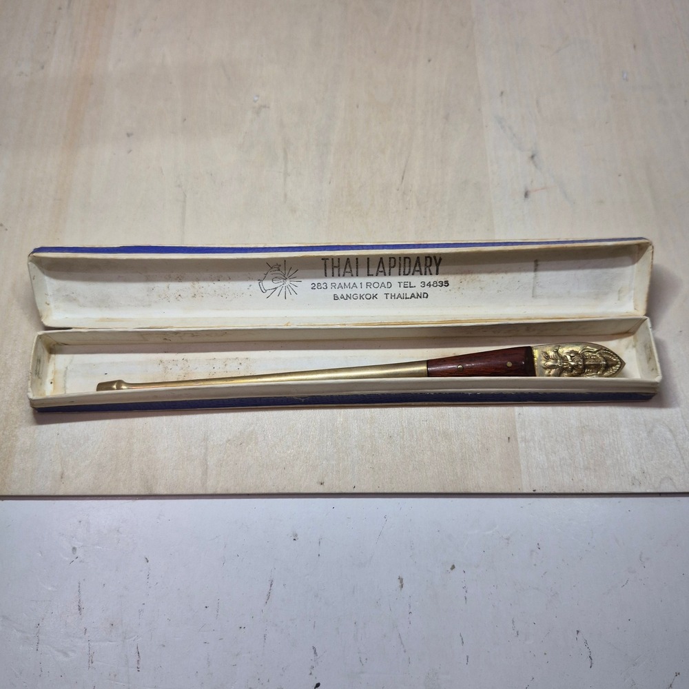 Vintage Thai Lapidary Brass Wood Letter Opener Anant Thailand Deity Motif Boxed